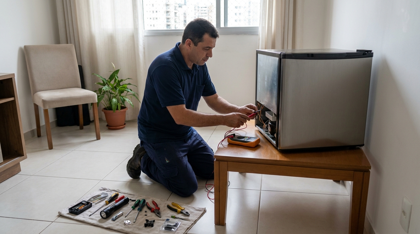 Técnico fazendo manutenção do motor de frigobar em Porto Alegre‑RS
